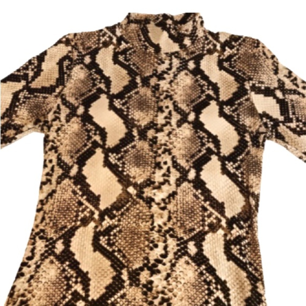 Leith Bodycon Tan & Dark Brown Long Sleeve Snake Print Dress - Size Small - Picture 5 of 9